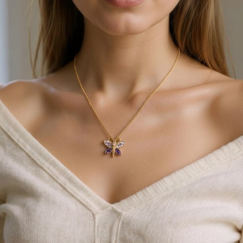 Y2K Purple Butterfly Rhinestone Charm Necklace | 2000s Style | NWT Gift Box